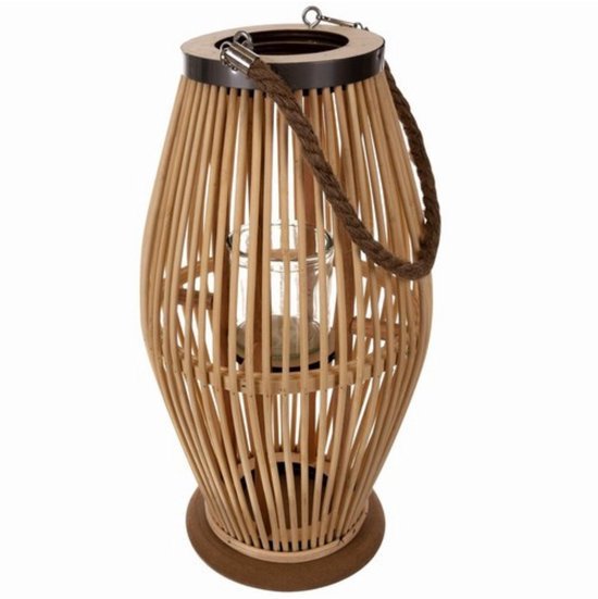 Rotan lantaarn van bamboe 40 cm met glazen kaarshouder en touwhengsel - MBDeals.nl