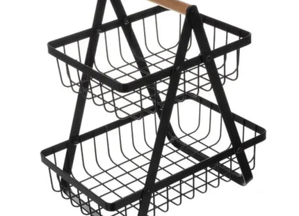Ruhhy - Fruit Etagère - Houten Handvat - 2 Laags - Zwart Metaal - MBDeals.nl