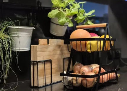 Ruhhy - Fruit Etagère - Houten Handvat - 2 Laags - Zwart Metaal - MBDeals.nl