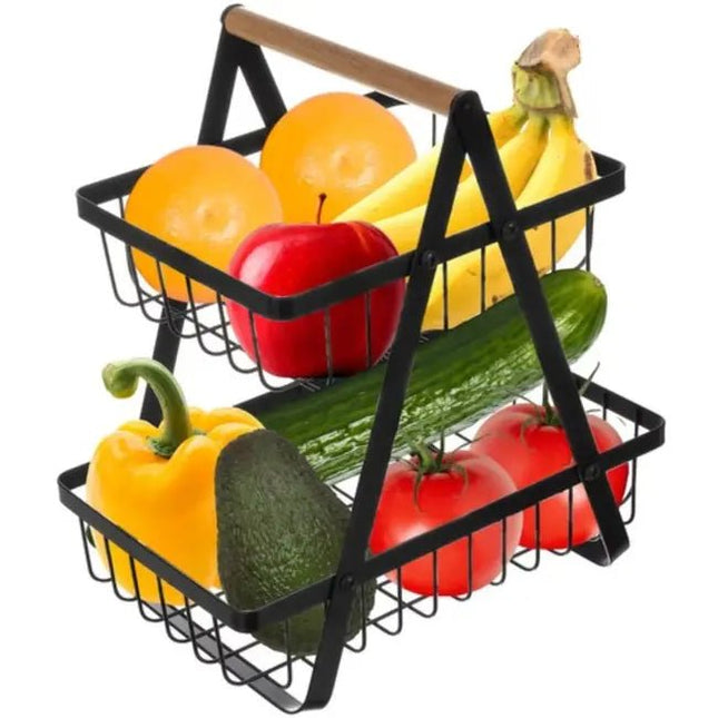 Ruhhy - Fruit Etagère - Houten Handvat - 2 Laags - Zwart Metaal - MBDeals.nl