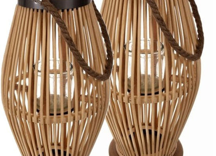 Ruhhy lantaarn windlicht van bamboe met glazen kaarshouder, 40 cm hoog, 2 stuks - MBDeals.nl