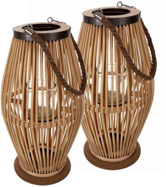 Ruhhy lantaarn windlicht van bamboe met glazen kaarshouder, 40 cm hoog, 2 stuks - MBDeals.nl