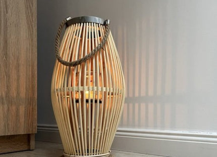 Ruhhy lantaarn windlicht van bamboe met glazen kaarshouder, 40 cm hoog, 2 stuks - MBDeals.nl