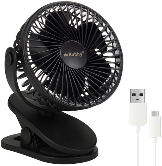 Ruhhy oplaadbare ventilator draadloos zwart met 3 standen en USB-kabel