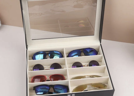 Ruhhy - Organizer voor Brillen - 8 - Vaks - Transparante Deksel - Zwart Eco - Leer met Witte Stiksels - MBDeals.nl