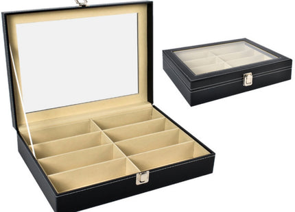 Ruhhy - Organizer voor Brillen - 8 - Vaks - Transparante Deksel - Zwart Eco - Leer met Witte Stiksels - MBDeals.nl
