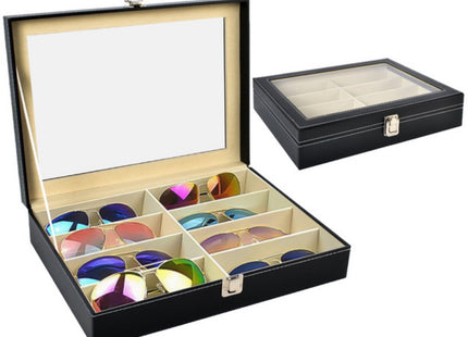 Ruhhy - Organizer voor Brillen - 8 - Vaks - Transparante Deksel - Zwart Eco - Leer met Witte Stiksels - MBDeals.nl