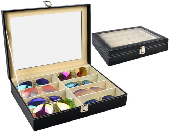 Ruhhy - Organizer voor Brillen - 8 - Vaks - Transparante Deksel - Zwart Eco - Leer met Witte Stiksels - MBDeals.nl
