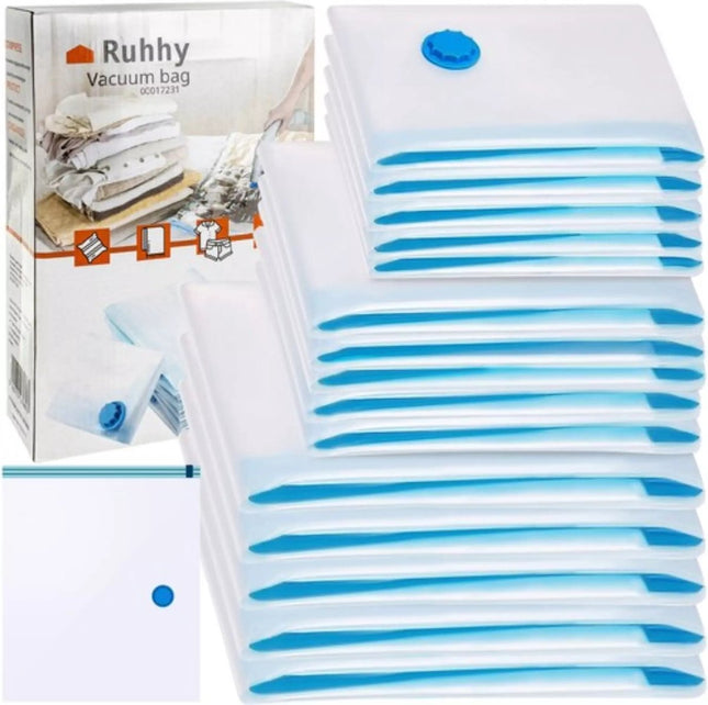 Ruhhy - Vacuumzakken Set van 15 - Herbruikbaar - 3 Maten - Transparant/Blauw - MBDeals.nl