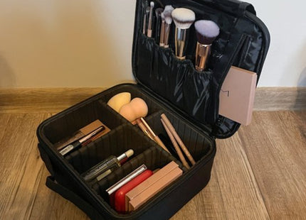 Soulima cosmetic bag met verstelbare vakken en dubbele rits, zwart, 26 x 28 x 9 cm - MBDeals.nl