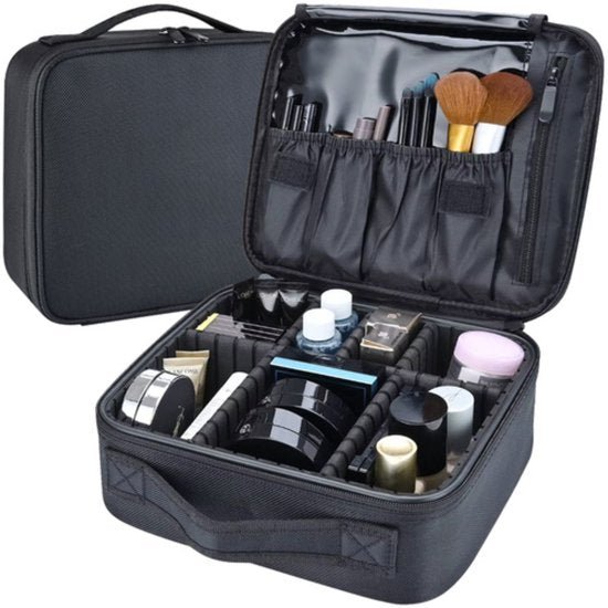 Soulima cosmetic bag met verstelbare vakken en dubbele rits, zwart, 26 x 28 x 9 cm - MBDeals.nl