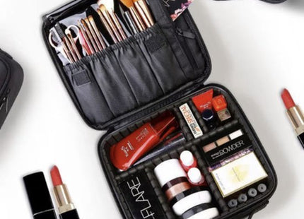 Soulima cosmetic bag met verstelbare vakken en dubbele rits, zwart, 26 x 28 x 9 cm - MBDeals.nl