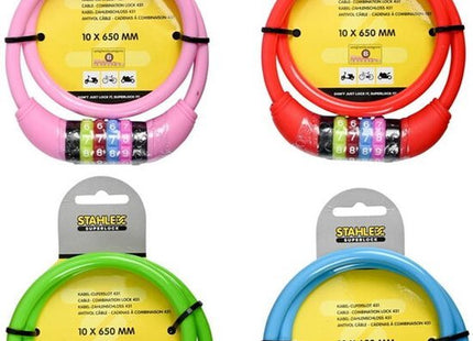 Stahlex kabelslot met cijfercode voor kinderfiets, 65 cm, 10 mm dik, kleur assorti - MBDeals.nl