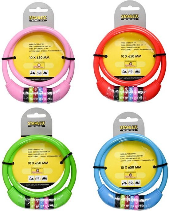 Stahlex kabelslot met cijfercode voor kinderfiets, 65 cm, 10 mm dik, kleur assorti - MBDeals.nl