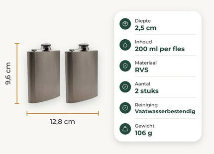 STEGGER heupfles van rvs, 200 ml, set van 2 stuks, vaatwasserbestendig - MBDeals.nl