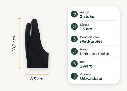 STEGGER tekenhandschoen voor tablet met touchscreen tip, one size, zwart, 3 stuks - MBDeals.nl
