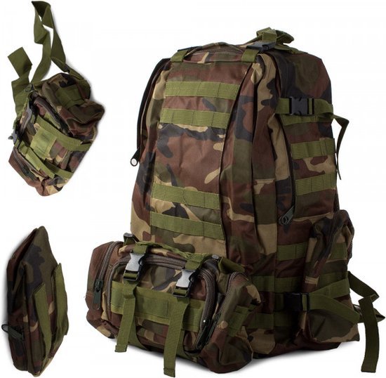 Tactical backpack 48,5 liter met 2 afneembare niertassen in camouflage groen