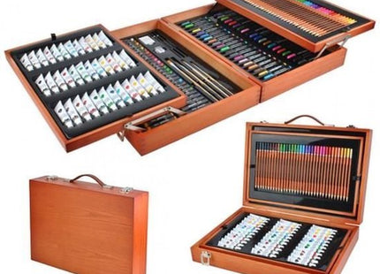 Tekenset 174-delig met verf, oliepastels en stiften in houten koffer
