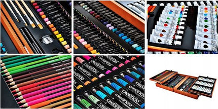 Tekenset 174-delig met verf, oliepastels en stiften in houten koffer - foto 8