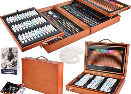 Tekenset 174-delig met verf, oliepastels en stiften in houten koffer - foto 4