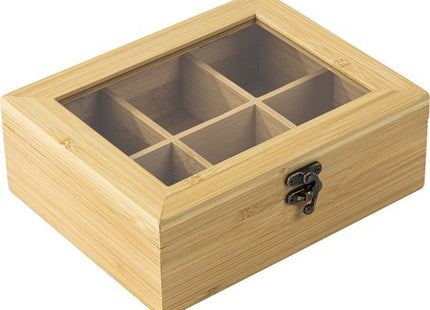 Theedoos 6 vaks van bamboe hout met klepdeksel, 21 x 17 x 7,5 cm