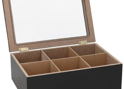 Theedoos 6 vaks van zwart hout met doorzichtig deksel, 16 x 24 x 8 cm - MBDeals.nl
