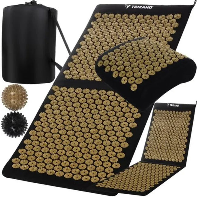 Trizand - Acupressuurmat Set - Inclusief Kussen en Massageballen - Meegeleverde Tas - Zwart en Goud - MBDeals.nl