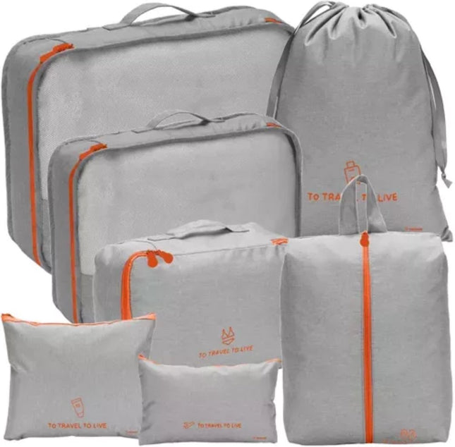 Trizand - Reisorganizer Set - Polyester - 7 Stuks - Grijs/Oranje - MBDeals.nl