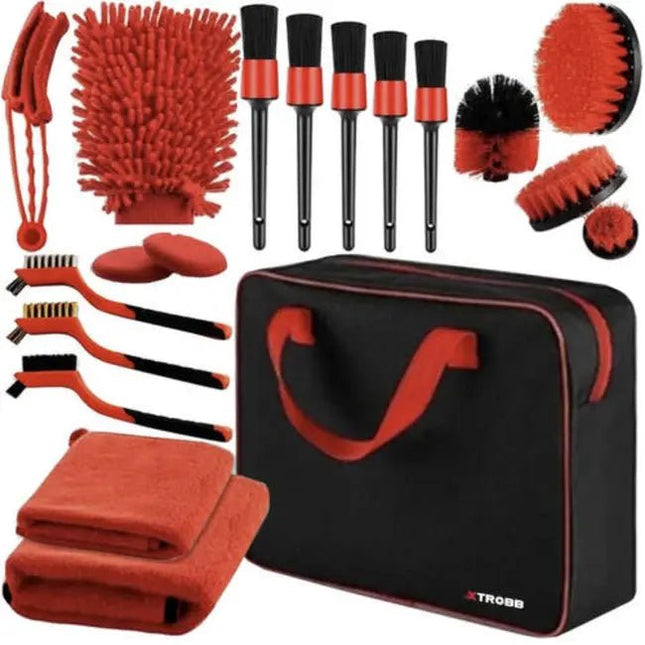 Xtrobb - Auto Detailing Set - Complete 19 - Delige Set - Inclusief Opberg Etui - Zwart / Rood - MBDeals.nl