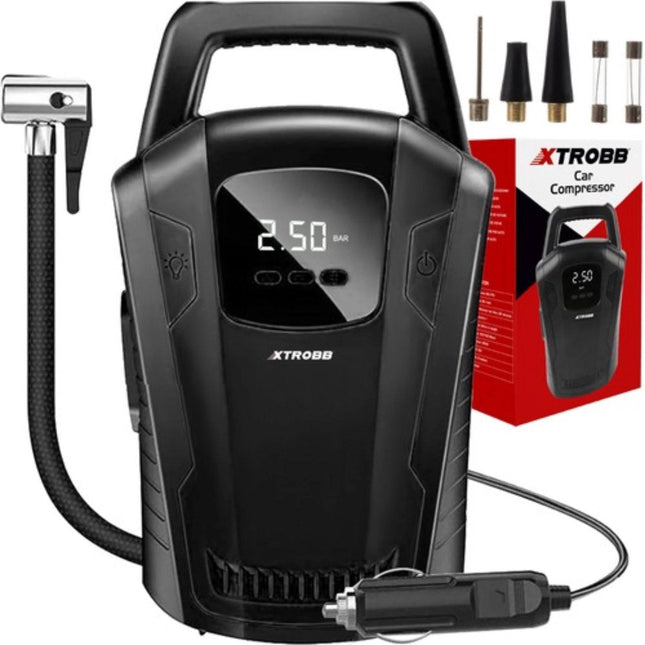 XTROBB - Autocompressor - Maximaal Druk 150 PSI / 10 Bar - 2.8 Meter 12V DC - Kabel - Inclusief Drie Opzetstukken - MBDeals.nl