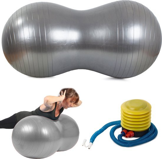 Yoga bal in pindavorm 90 x 40 cm inclusief pomp, grijs